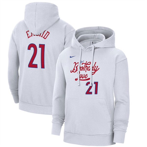 Men's Philadelphia 76ers #21 Joel Embiid White 2022/23 City Edition Name & Number Essential Pullover Hoodie